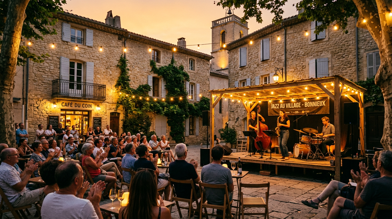 Concert de jazz en plein air sur une place de village au crépuscule