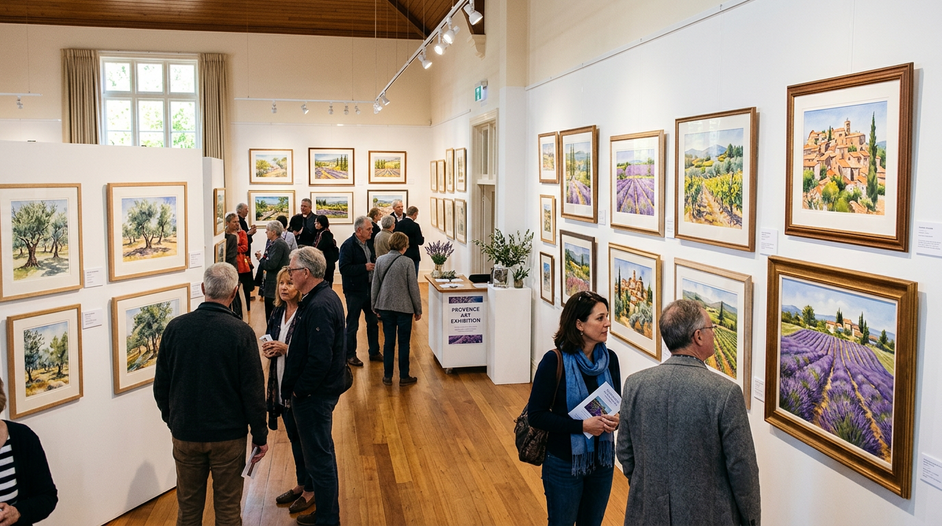 Visiteurs dans une exposition de peintures provençales