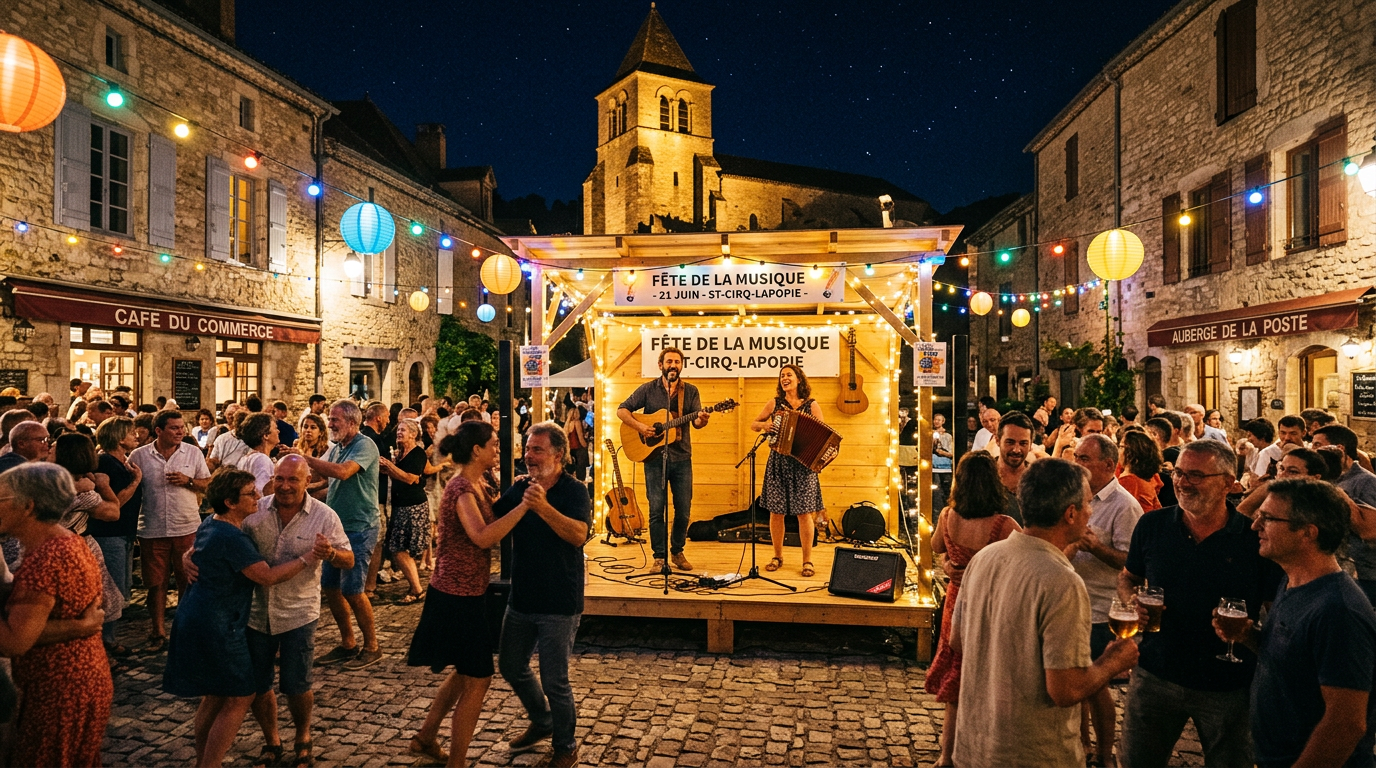 Fête de la musique dans un village avec musiciens et danseurs