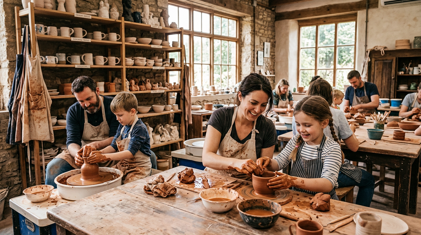 Familles participant à un atelier de poterie