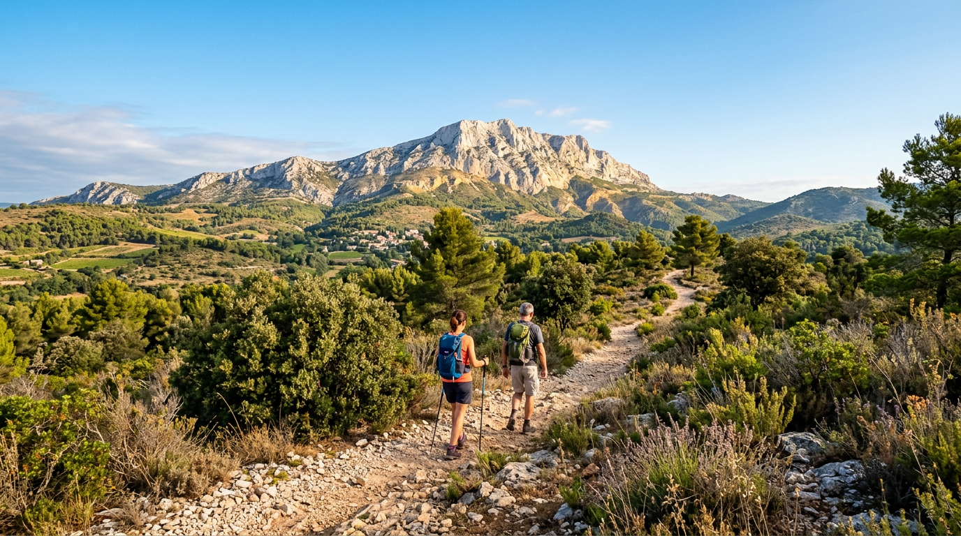 Randonneurs sur un sentier face à la Sainte-Victoire
