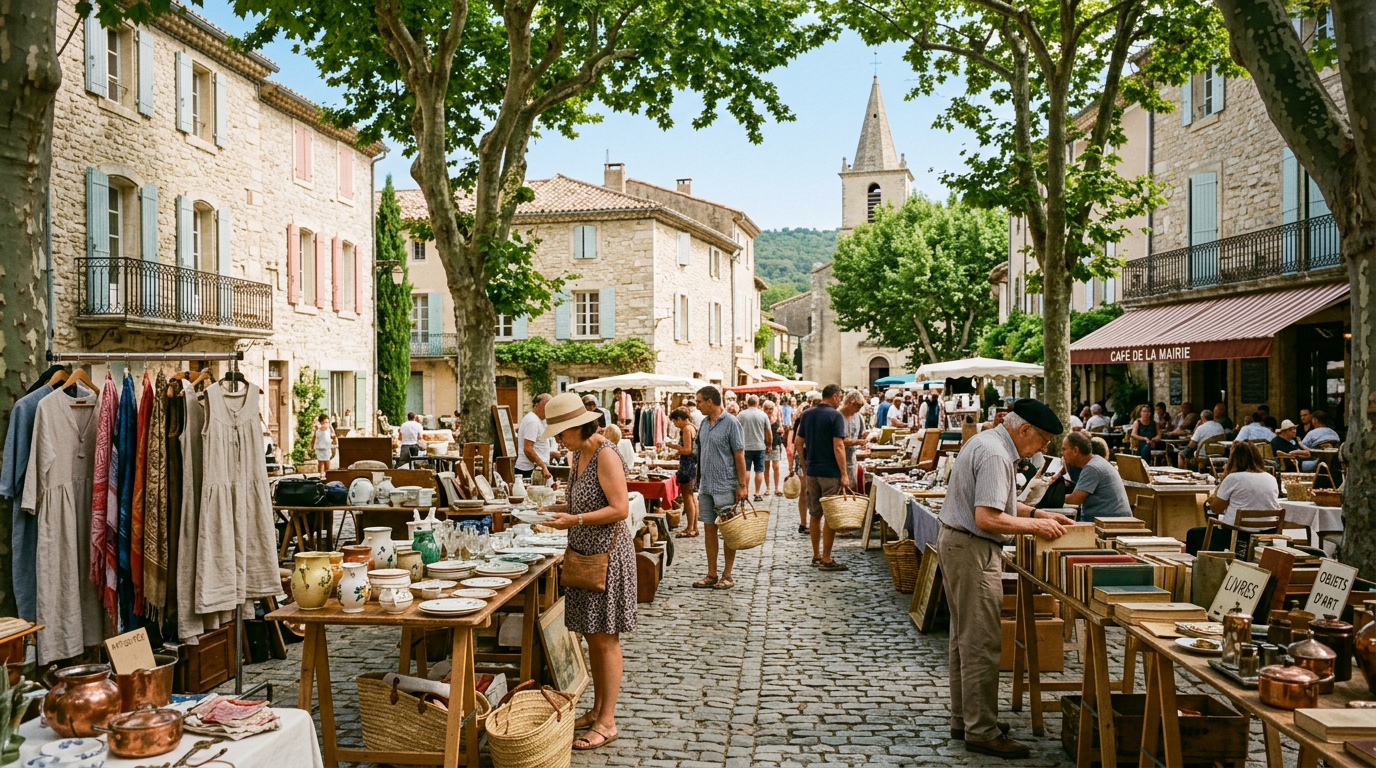 Étals d'un vide-grenier sur une place de village provençal